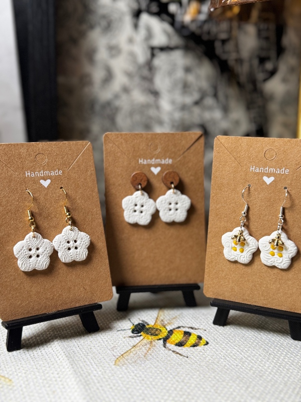 White Floral Button Earrings | Cottagecore Handmade Jewelry